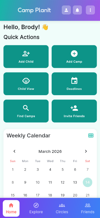 Camp PlanIt home screen