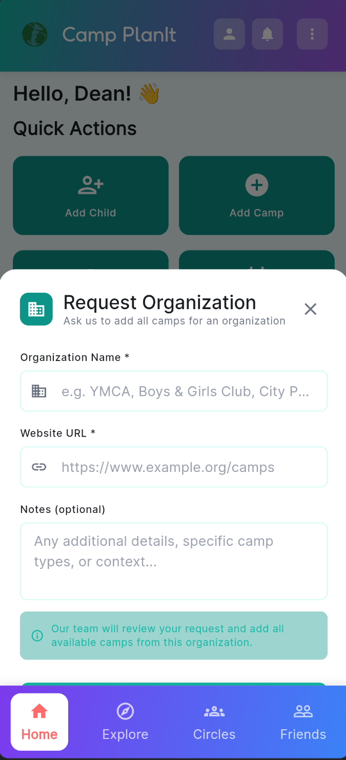 Request Organization form with fields for Organization Name, Website URL, and optional Notes