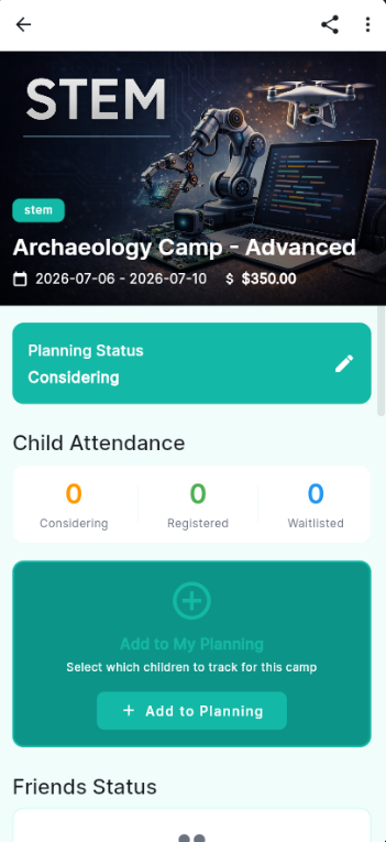 Camp detail page showing planning status, child attendance, and Add to Planning button