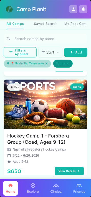 Explore screen showing a Sports camp card with filters applied