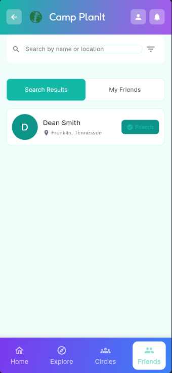 Friends screen showing search results with a parent in Franklin, Tennessee