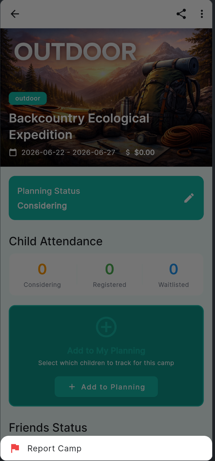 Camp detail page with bottom sheet showing the Report Camp option