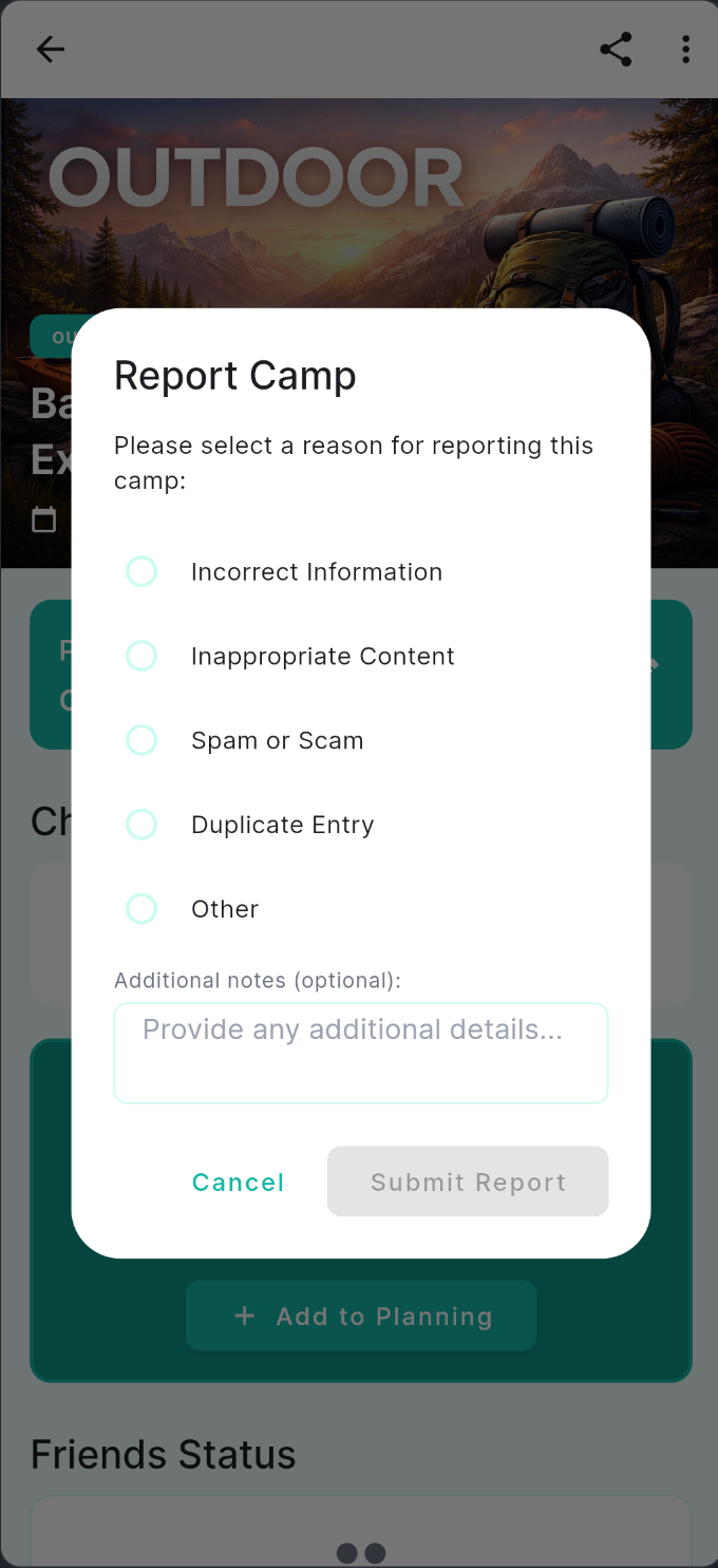 Report Camp dialog with reason options and optional notes field