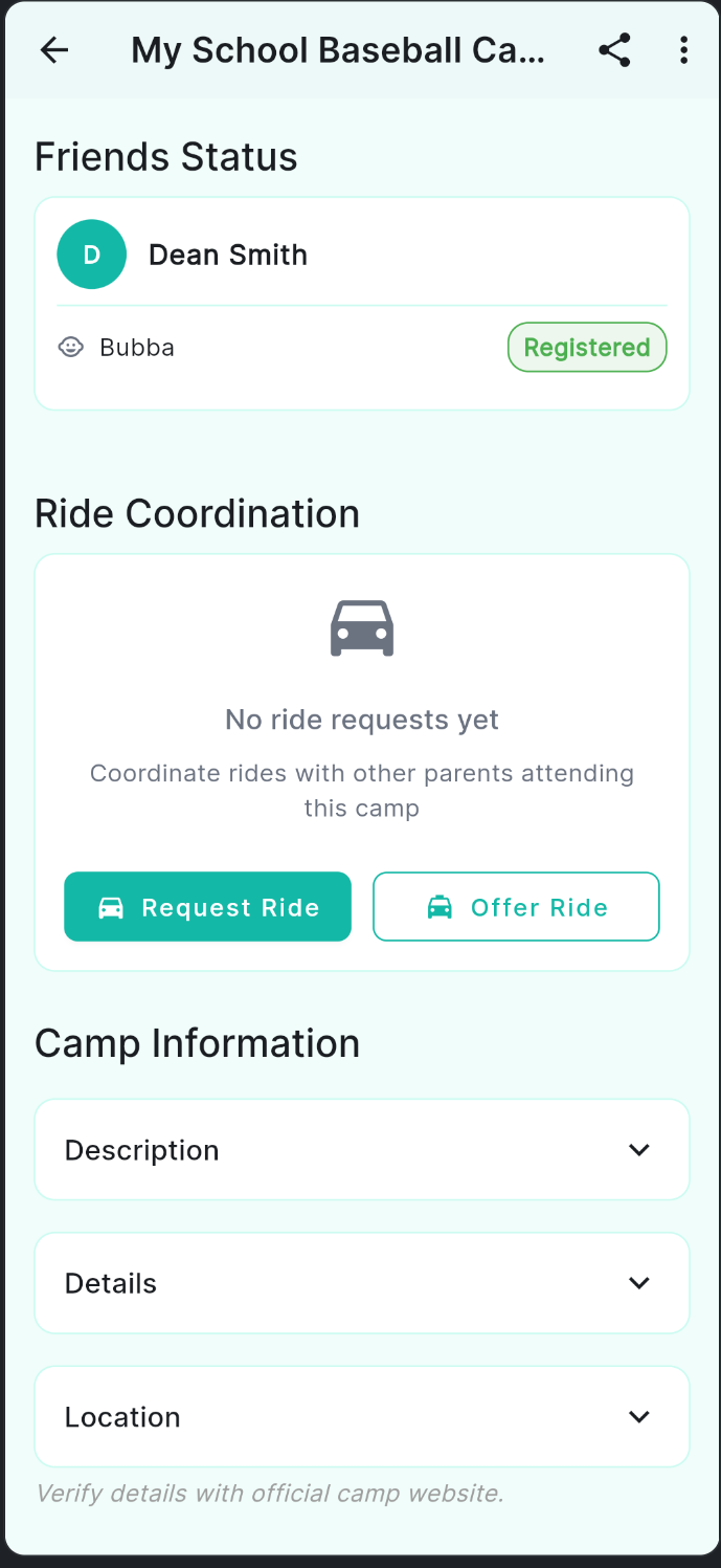 Camp detail page showing the Ride Coordination section with Request Ride and Offer Ride buttons