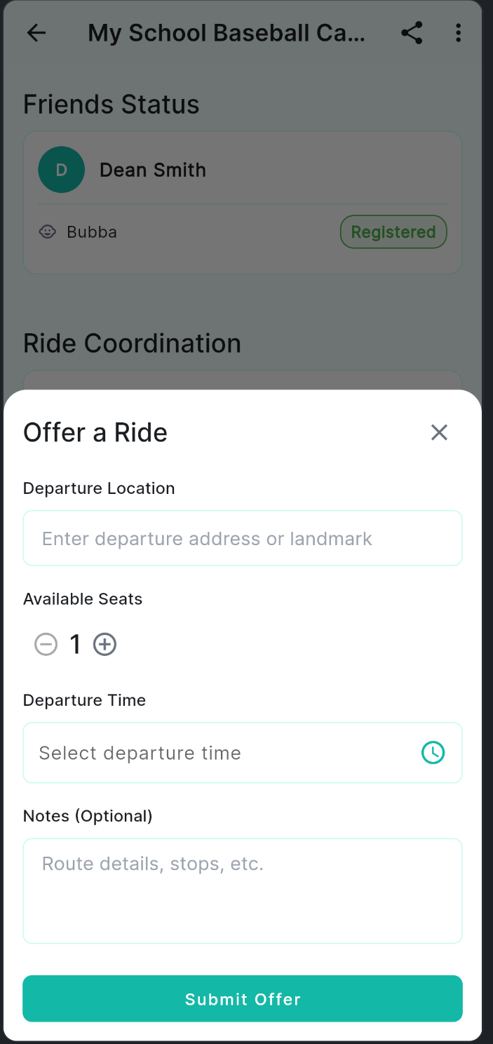 Offer a Ride form with empty fields for departure location, seats, time, and notes