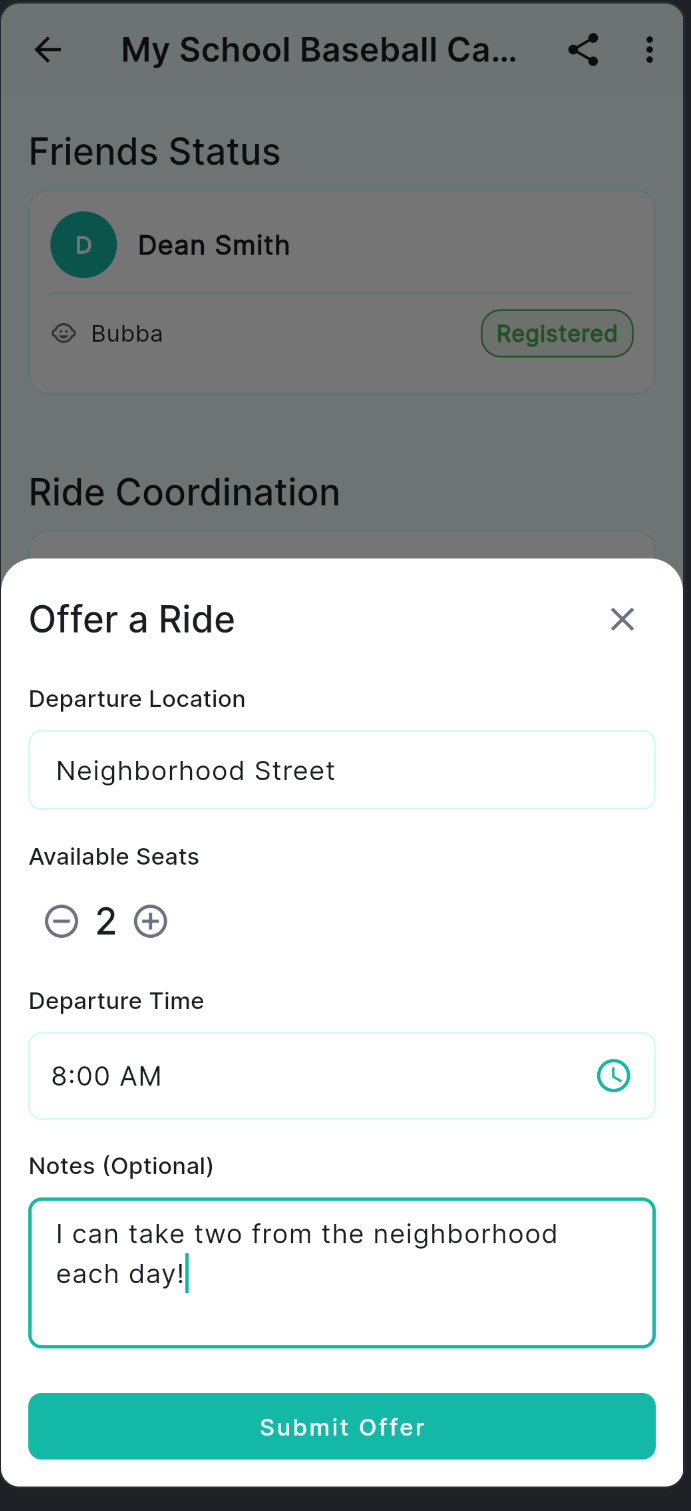 Offer a Ride form filled in with Neighborhood Street, 2 seats, 8:00 AM, and a note