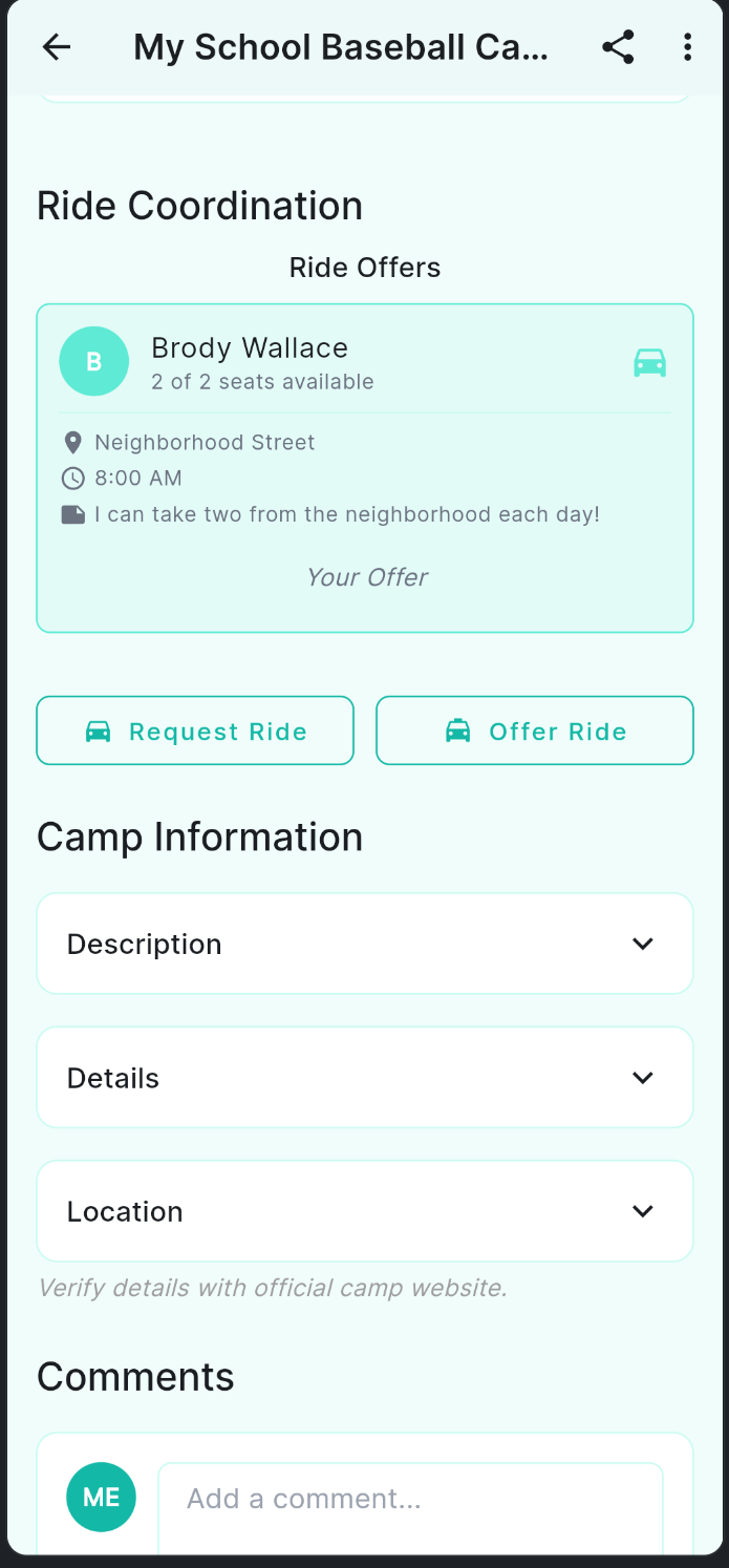 Ride Coordination section showing a submitted offer from Brody Wallace with 2 seats, Neighborhood Street, 8:00 AM, labeled Your Offer