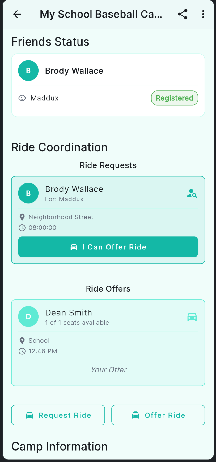 Ride Coordination showing a ride request from Brody Wallace for Maddux with an I Can Offer Ride button, and a ride offer from Dean Smith