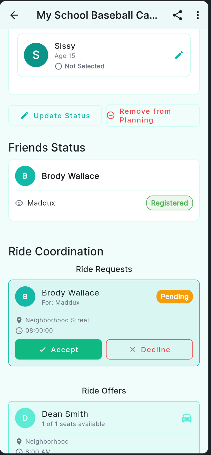 Ride request card showing Pending status with Accept and Decline buttons