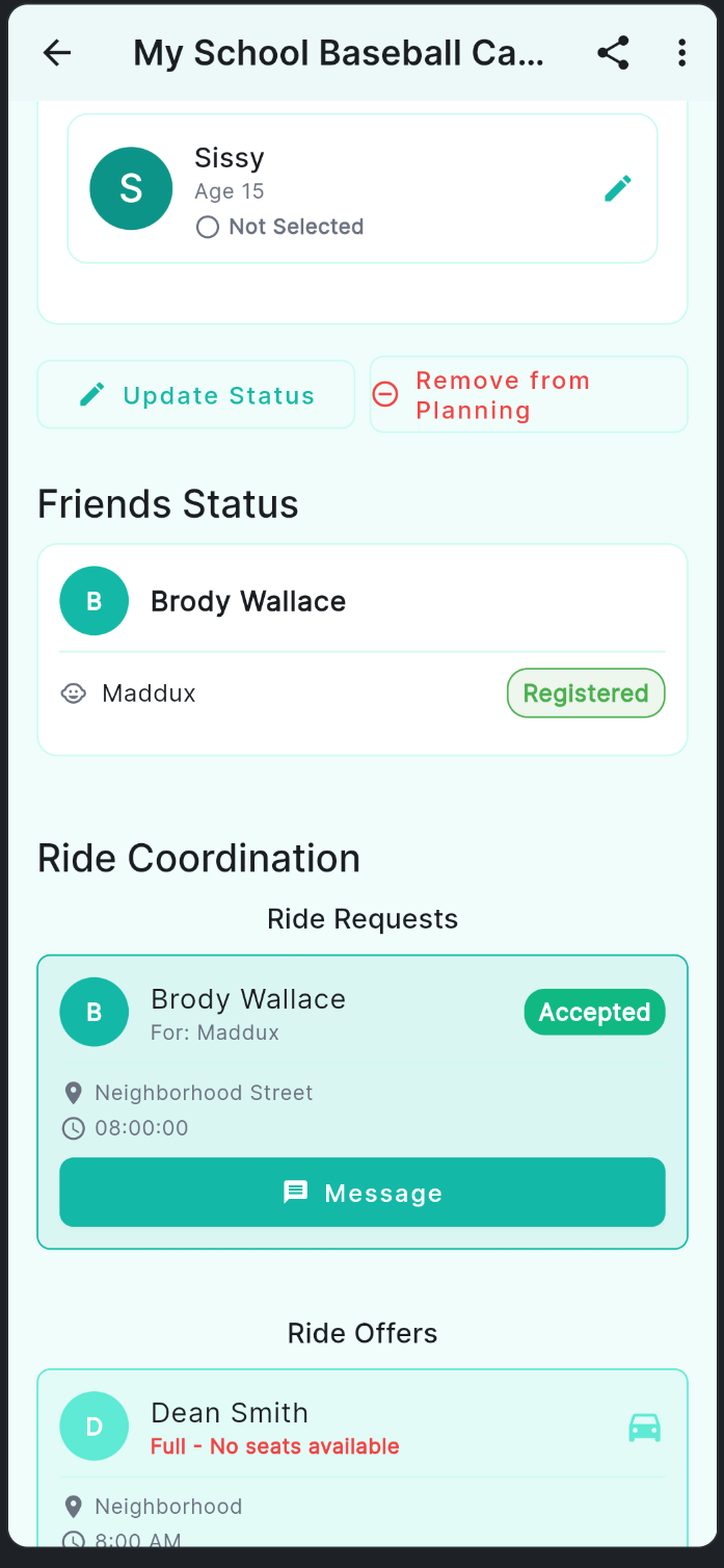 Accepted ride request card showing Accepted badge and a Message button for coordination